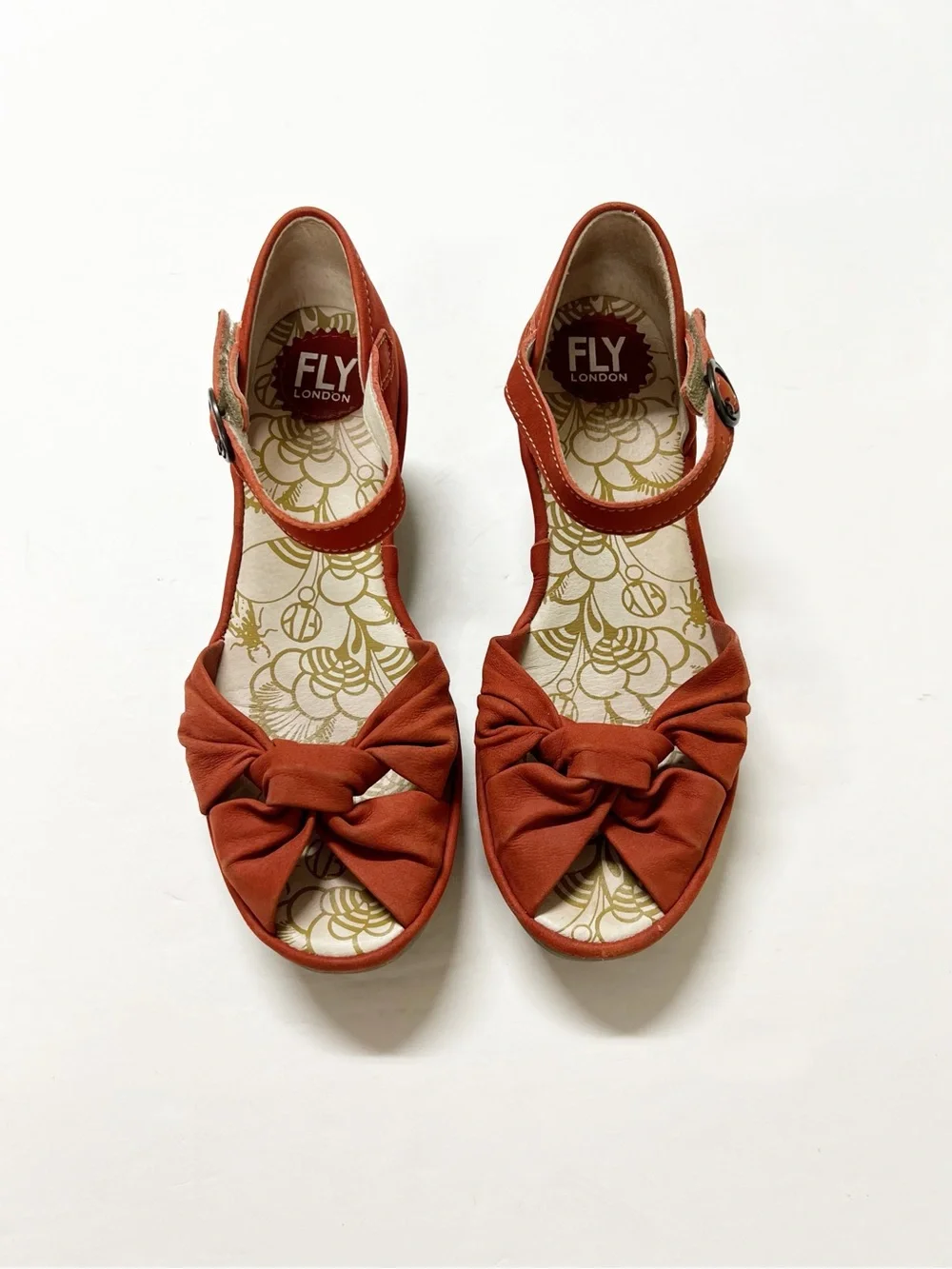 FLY London Womens Red Bow Toe Ankle Strap Leather Wedge Yoel Sandals Size 38
